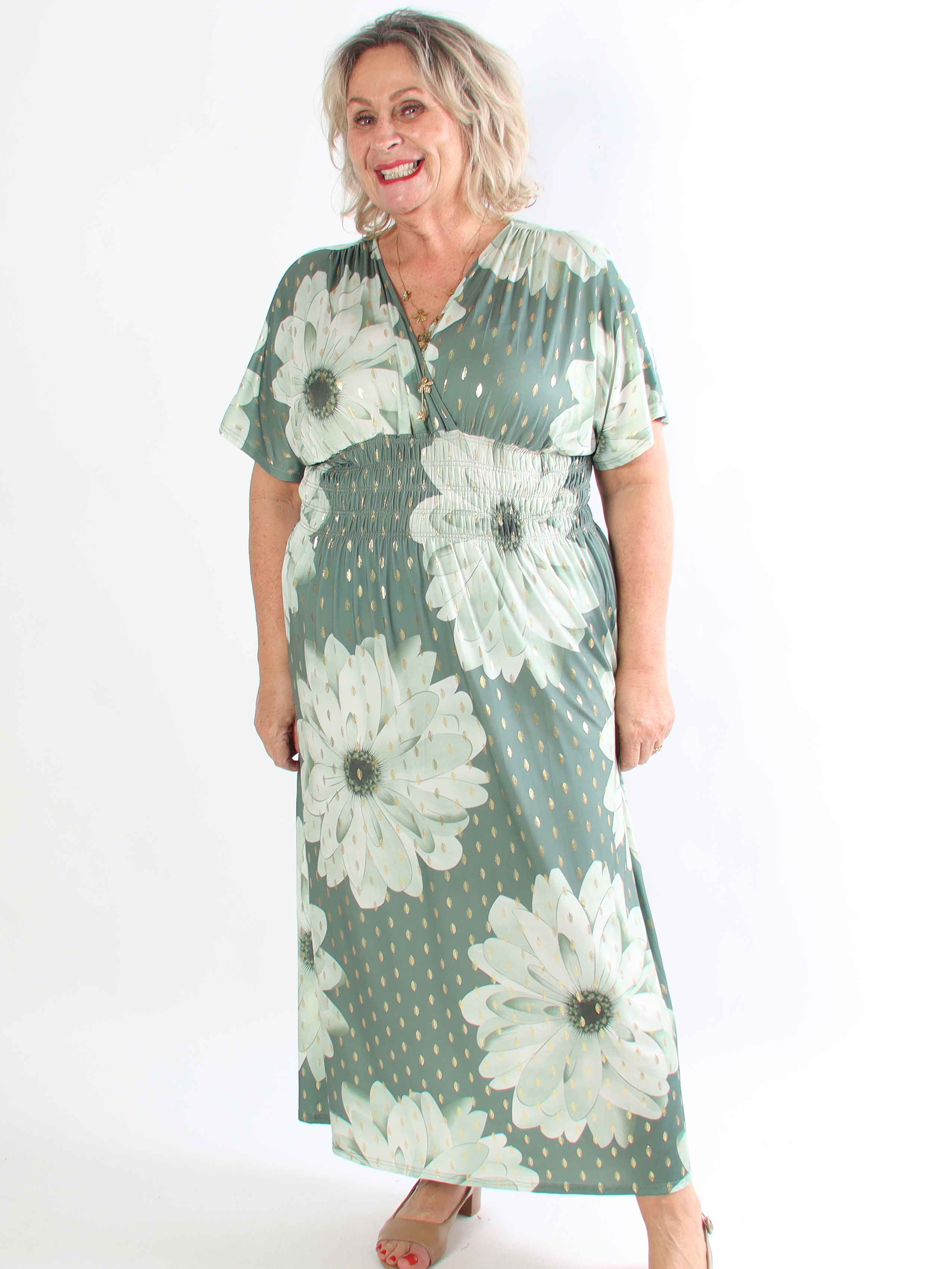 Pams Eden - Lang plus size kjole med store blomster og guld dutter